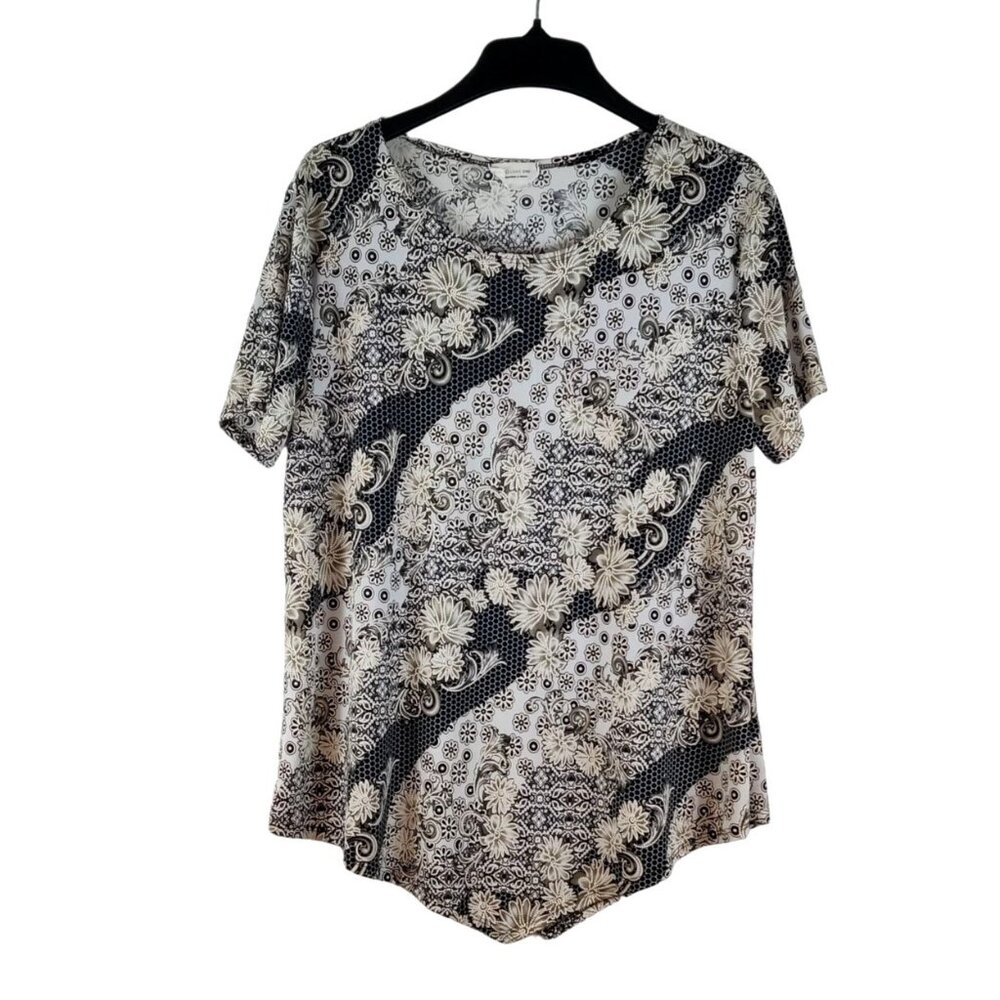 Silky Jersey Knit Tunic Top Black White 2X Exclusive One Floral Print Asymmetric